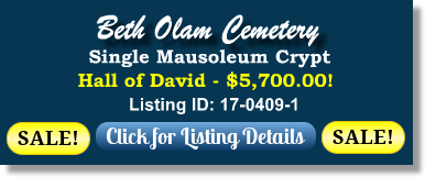 Single Crypt for Sale $5700! Beth Olam Cemetery Los Angeles, CA Hall of David Mausoleum The Cemetery Exchange
