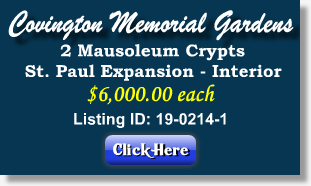 2 Crypts for Sale $6Kea - Covington Memorial Gardens - Ft Wayne, IN - St. Paul Expansion - The Cemetery Exchange