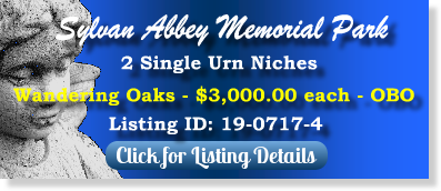 2 Single Urn Niches for Sale $3Kea Sylvan Abbey Memorial Park Clearwater, FL Wandering Oaks Columbarium The Cemetery Exchange
