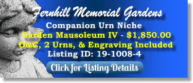 Companion Urn Niche for Sale $1850! Fernhill Memorial Gardens Stuart, FL Garden Mausoleum The Cemetery Exchange