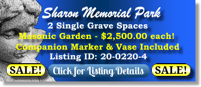 2 Single Grave Spaces on Sale Now $2500ea! Sharon Memorial Park Charlotte, NC Masonic The Cemetery Exchange