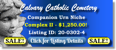 Companion Urn Niche on Sale Now $1250! Calvary Catholic Cemetery Clearwater, FL Complex II The Cemetery Exchange