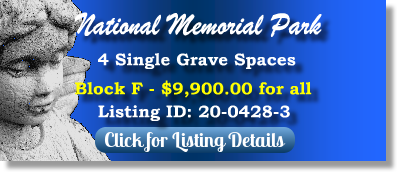 4 Single Grave Spaces for Sale $9900for all! National Memorial Park Falls Chiurch, VA Block F The Cemetery Exchange