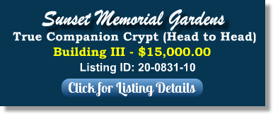 True Compaion Crypt for Sale $15K! Sunset Memorial Gardens Fredericksbug, VA Bldg III The Cemetery Exchange