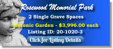 2 Single Grave Spaces for Sale $3996ea! Rosewood Memorial Park Virginia Beach, VA Masonic The Cemetery Exchange