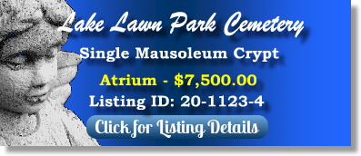Single Crypt for Sale $7500! Lake Lawn Park Cemetery New Orleans, LA Atrium The Cemetery Exchange