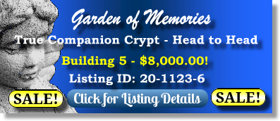 True Companion Crypt on Sale Now $8K! Garden of MemoriesTownship of Washington, NJ Bldg 5 The Cemetery Exchange