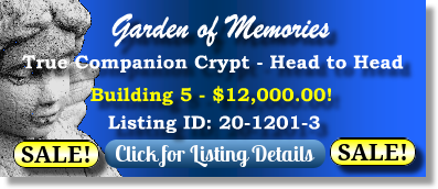 True Companion Crypt on Sale Now $12K! Garden of Memories Township of Washington, NJ Bldg 5 The Cemetery Exchange