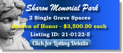 2 Single Grave Spaces for Sale $3500ea! Sharon Memorial Park Charlotte, NC Garden of Honor The Cemetery Exchange