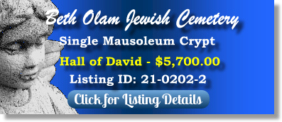 Single Crypt for Sale $5700! Beth Olam Jewish Cemetery Los Angeles, CA Hall of David The Cemetery Exchange