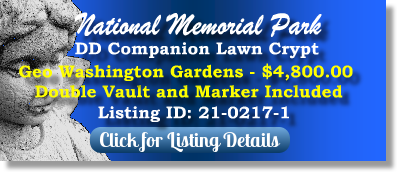 DD Companion Lawn Crypt for Sale $4800! National Memorial Park Falls Church, VA George Washington The Cemetery Exchange 21-0217-1