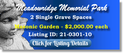 2 Single Grave Spaces for Sale $2Kea! Meadowridge Memorial Park Elkridge, MD Masonic The Cemetery Exchange