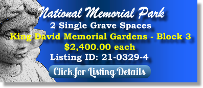 2 Single Grave Spaces for Sale $2400ea! National Memorial Park Falls Church, VA King David Memorial Gardens The Cemetery Exchange