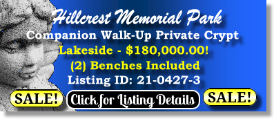 Companion Private Walk Up Crypt $180K! Hillcrest Memorial Park Dallas,TX Lakeside The Cemetery Exchange 21-0427-3