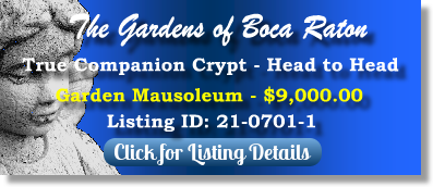 True Companion Crypt for Sale $9K! Garden of Boca Raton Boca Raton, FL Garden Mausoleum The Cemetery Exchange