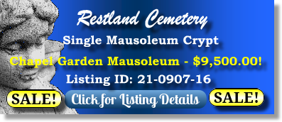 Single Crypt on Sale Now $9500! Restland Cemetery Dallas, TX Chapel Garden The Cemetery Exchange 21-0907-16