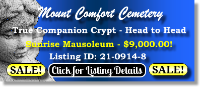 True Companion Crypt on Sale Now $9K! Mount Comfort Cemetery Alexandria, VA Sunrise Mausoleum The Cemetery Exchange 21-0914-8