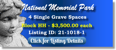 4 Single Grave Spaces for Sale $3500ea! National Memorial Park Falls Church, VA Block HH The Cemetery Exchange