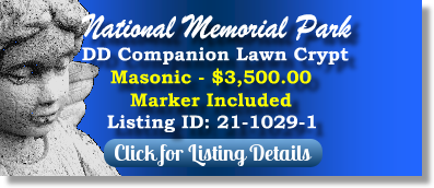 DD Companion Lawn Crypt for Sale $3500! National Memorial Park Falls Church, VA Masonic The Cemetery Exchange