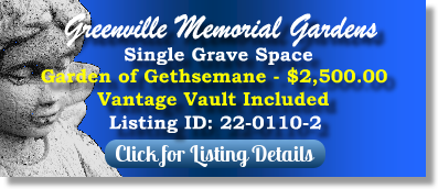 Single Grave Space for Sale $2500! Greenville Memorial Gardens Piedmont, SC Gethsemane The Cemetery Exchange