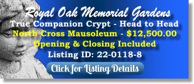 True Companion Crypt for Sale $12500! Royal Oak Memorial Gardens Brookville, OH Mausoleum The Cemetery Exchange