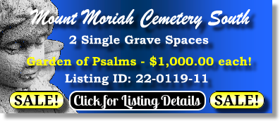 2 Single Grave Spaces $1Kea! Mount Moriah Cemetery South Kansas City, MO Psalms The Cemetery Exchange 22-0119-11