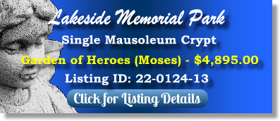 Single Crypt for Sale $4895! Lakeside Memorial Park Miami, FL Moses The Cemetery Exchange 