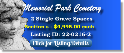 2 Single Grave Spaces for Sale $4995ea! Memorial Park Cemetery Memphis, TN Section S The Cemetery Exchange