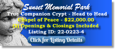 True Companion Crypt for Sale $22K! Sunset Memorial Park Huntingdon Valley, PA Chapel of Peace The Cemetery Exchange
