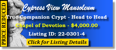 True Companion Crypt $4K! Cypress View Mausoleum San Diego, CA Devotion The Cemetery Exchange 22-0301-4
