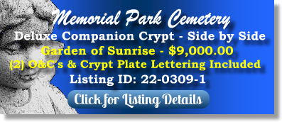 Deluxe Companion Crypt for Sale $9K! Memorial Park Cemetery Memphis, TN Sunrise The Cemetery Exchange