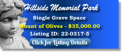 Single Grave Space for Sale $35K! Hillside Memorial Park Los Angeles, CA Mount of Olives The Cemetery Exchange 22-0317-5
