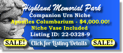 Companion Urn Niche on Sale Now $4K! Highland Memorial Park New Berlin, WI Apostles Columbarium The Cemetery Exchange 22-0328-9
