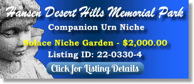 Companion Urn Niche for Sale $2K! Hansen Desert Hills Memorial Park Scottsdale, AZ Solace Niche Garden The Cemetery Exchange