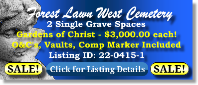 2 Single Grave Spaces on Sale Now $3Kea! Forest Lawn West Cemetery Charlotte, NC Christ The Cemetery Exchange 22-0415-1