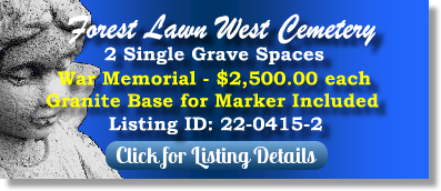 2 Single Grave Spaces for Sale $2500ea! Forest Lawn West Cemetery Charlotte, NC War Memorial The Cemetery Exchange