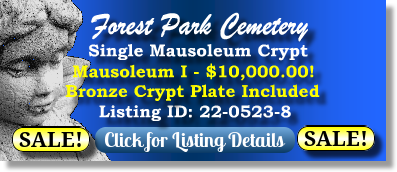 Single Crypt on Sale Now $10K! Forest Park Cemetery The Woodlands, TX Mausoleum I The Cemetery Exchange 22-0523-8