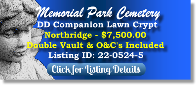 DD Companion Lawn Crypt for Sale $7500! Memorial Park Cemetery Memphis, TN Northridge The Cemetery Exchange