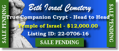True Companion Crypt for Sale $12K! Beth Israel Cemetery Woodbridge, NJ Temple of Israel The Cemetery Exchange 22-0706-16