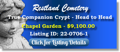 True Companion Crypt for Sale $9100! Restland Cemetery Dallas, TX Chapel Garden The Cemetery Exchange 22-0706-1