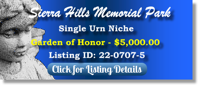 Single Urn Niche for Sale $5K! Sierra Hills Memorial Park Sacramento, CA Honor The Cemetery Exchange 22-0707-5