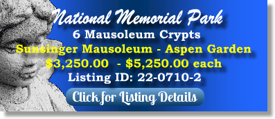 6 Crypts for Sale $3250ea! National Memorial Park Falls Church, VA Aspen Sunsinger The Cemetery Exchange 22-0710-2