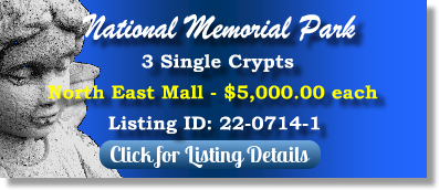 3 Single Crypts for Sale $5Kea! National Memorial Park Falls Church, VA North East Mall The Cemetery Exchange 22-0714-1