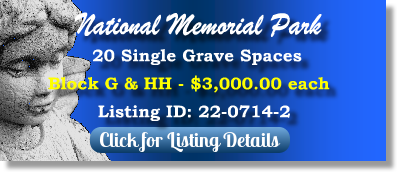 20 Single Grave Spaces for Sale $3Kea! National Memorial Park Falls Church, VA Block G HH The Cemetery Exchange 22-0714-2