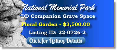 DD Companion Grave Space for Sale $3500! National Memorial Park Falls Church, VA Floral Gdn The Cemetery Exchange 22-0726-2