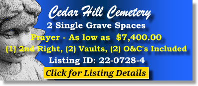 2 Single Grave Spaces $7400! Cedar Hill Cemetery Baltimore, MD Prayer The Cemetery Exchange 22-0728-4