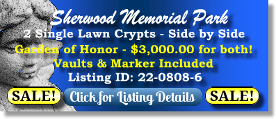2 Single Lawn Crypts on Sale Now $3K for both! Sherwood Memorial Park Jonesboro, GA Honor The Cemetery Exchange 22-0808-6