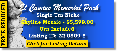 Urn Niche $5599! El Camino Memorial Park San Diego, CA Skyline Mosaic The Cemetery Exchange 22-0809-5