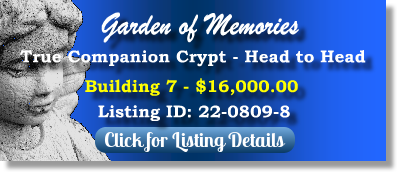 True Companion Crypt for Sale $16K! Garden of Memories Township of Washington, NJ Bldg 7 The Cemetery Exchange 22-0809-8