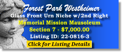Single Urn Niche $7K! Forest Park Westheimer Houston, TX Memorial Mission The Cemetery Exchange 22-0816-3